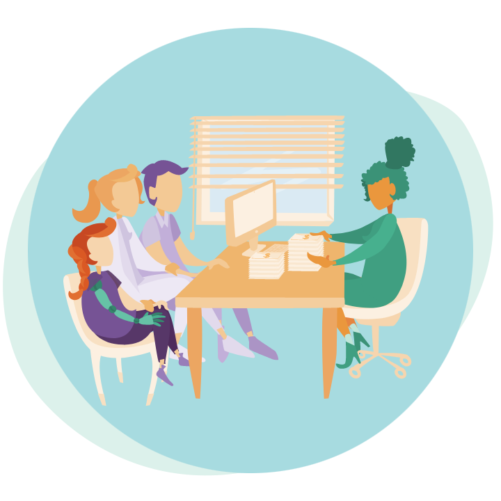 L'Accompagnateur-Une famille assise au bureau avec un conseiller